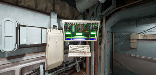 3D illustration of a futuristic Sci-fi spacecraft interior, featuring a control panel with glowing screens and a keyboard.