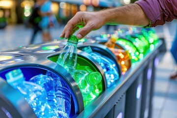 Bottle Recycling, Hand Placing Bottle in Colorful Bins, Environmental Awareness