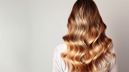 Fototapeta premium Elegant wavy blond hair cascading down the back of a woman. Warm golden tones. Perfect for beauty and haircare promotions, this stylish hair photo is ideal for websites and magazines. AI