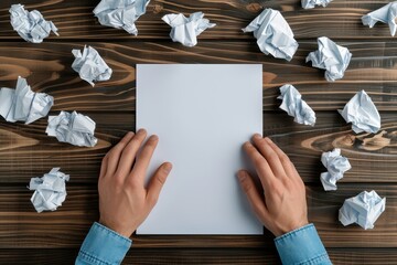 Blank Paper, Hands Surrounded by Crumpled Sheets, Creative Writing Concept