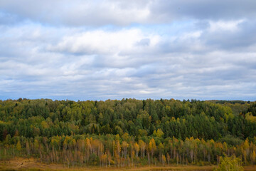 Late autumn in a wild forest area. Low rain clouds over trees on the horizon. Aerial drone shot. Winter moody wood view. Distant mysterious nature landscape. Woodland Valley with a Lake in the far.