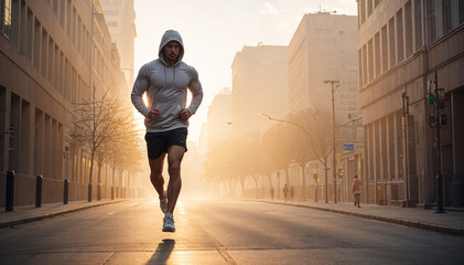 Silhouette of muscular man going for a run in shorts and hoodie at misty sunrise in the city center

