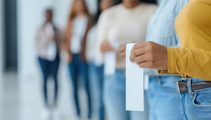 A young woman holds a blank sign in front of her while waiting in line to vote. The blurred background shows other people also holding signs.