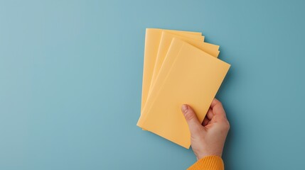 A hand holding a stack of four yellow envelopes against a blue background.