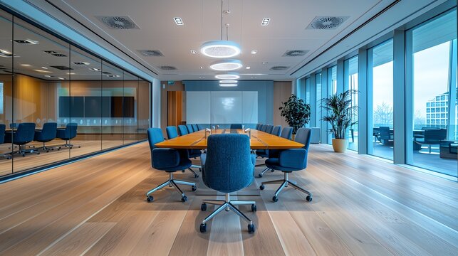 Sustainable Green Architecture meeting space with ecofriendly furniture and energyefficient lighting