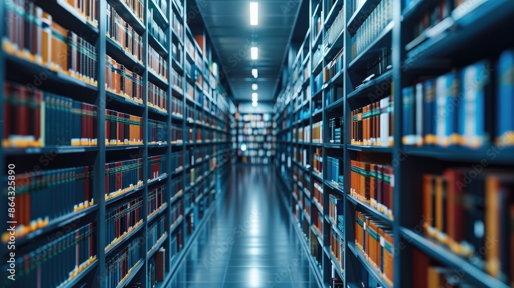 Poster Library with data servers on shelf. Generative AI.