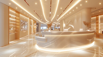 Obraz premium Live broadcast room background, shopping mall counter, beige color scheme, bright background, luxurious feeling. Generative AI.