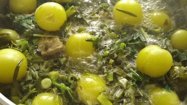 cooking of chakapuli, Georgian dish, cooking process, in a saucepan, homemade, no people,