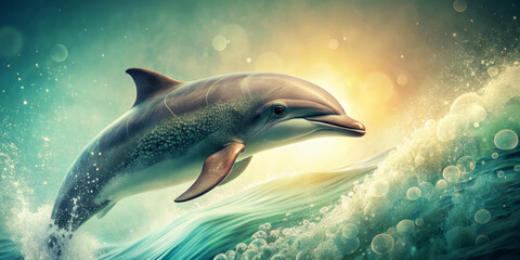 Fototapeta premium A dolphin leaps out of the water amid bubbles and waves, illuminated by golden light in a dreamlike setting. The background features an artistic mix of teal and gold hues.AI generated.