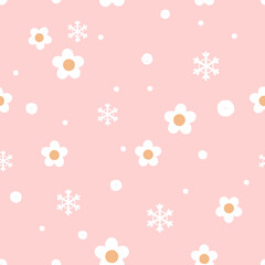 Seamless pattern with snowflakes and cute flower on pink background vector.