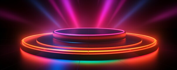 Vibrant neon light podium with multicolor glowing circles and beams, perfect for futuristic and modern presentations or background.