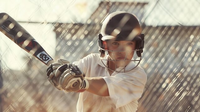 Young cricketer practicing batting in the nets, photorealistic, determination