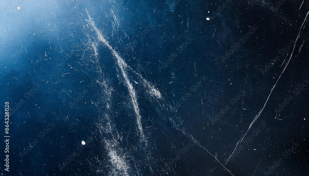 Poster dark abstract blue film texture with dust and scratches, banner background with copy space for produ