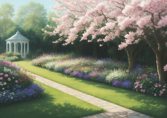 spring in the park with a lovely little narrow pathway and blooming flowers on either side of it