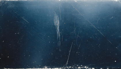 dark abstract blue film texture with dust and scratches, banner background with copy space for product presentation and website