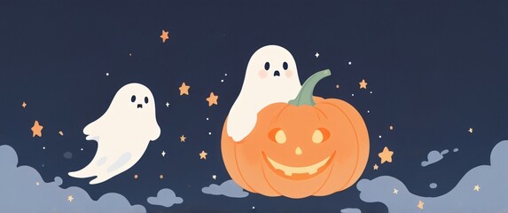 illustration white ghost and pumpkin