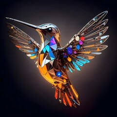An abstract mechanical hummingbird-esque creature constructed from a mix of electronic parts and illuminated by an array of pulsing lights