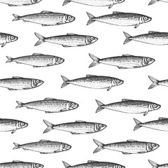 Vintage Style Sardines Seamless Pattern. Vector Hand Drawn Fish Background. High Quality Old Fashion Illustration