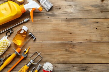high angle view of a spray bottle of cleaning product and various cleaning tools on a wooden desk.
