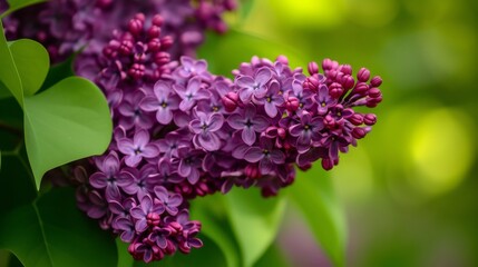 Obraz premium Lilac bush in full bloom, with clusters of fragrant purple flowers against a backdrop of green leaves
