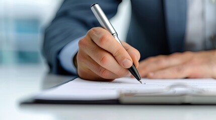 Close-up of a business professional signing a document with a pen, representing agreement, contract, or legal process in an office setting.