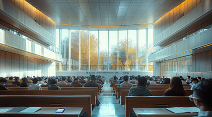 Modern Asian university setting for a scientific research presentation, featuring a state-of-the-art auditorium, a diverse group of researchers and students actively participating in the discussion.