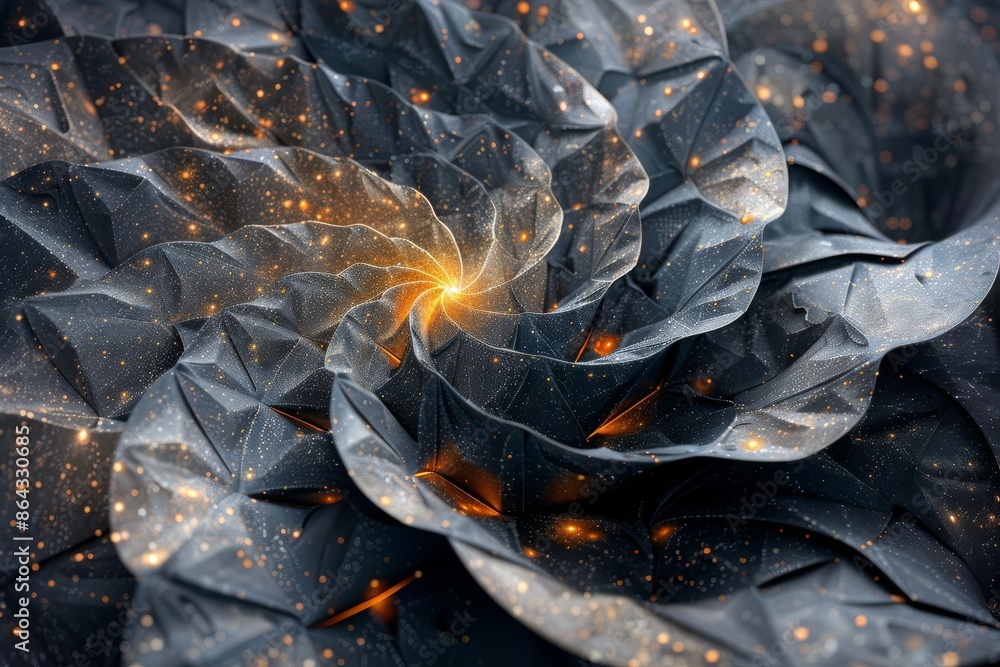 Poster abstract digital art with geometric shapes and glowing particles, creating a futuristic and mesmeriz