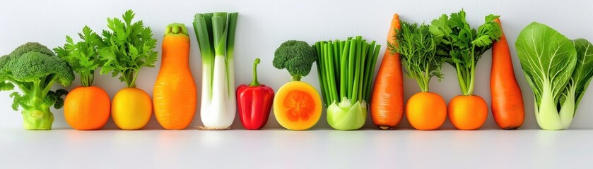 Fresh colorful vegetables including broccoli, peppers, leeks, carrots, and pumpkins arranged in a row against a white background.
