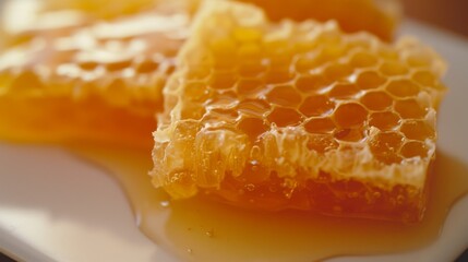 Piece of fresh honeycomb filled with golden honey, placed on a smooth white plate