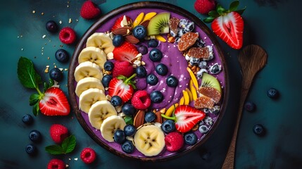 Fototapeta premium Colorful Acai Smoothie Bowl with Fresh Berries, Banana, and Coconut Toppings.
