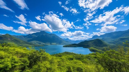 Capturing a majestic mountain range in the background with a clear blue sky and scattered white clouds