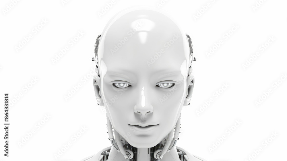 Poster smart android head close up with humanoid features. futuristic robot face concept with white sleek d
