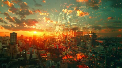 Obraz premium Stunning urban skyline at sunset blended with digital futuristic abstract elements creating a mesmerizing visual spectacle.