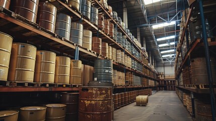 Industrial Warehouse with Stacked Barrels