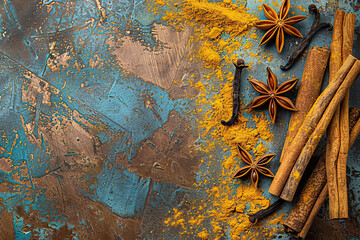 Vibrant Spices for Cooking and Food Photography on Grunge Background