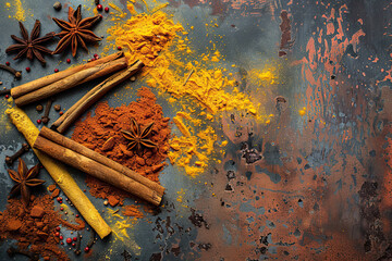 Gourmet Spice Collection on Grunge Background, Top View