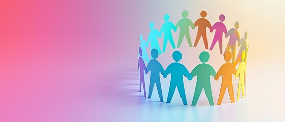 Rainbow Unity - Colorful Paper People Holding Hands in Community Circle with Gradient Background for Text Overlay