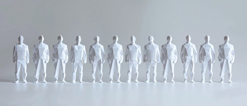 Diverse Paper Cutout Figures Standing in Row on White Background with Copy Space.