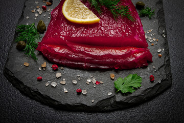 Salmon gravlax with beetroot, Scandinavian snack, beet gravlax, lightly salted fish, homemade, no...