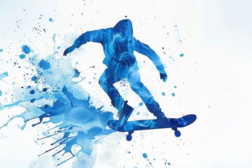 Naklejka premium Dynamic blue watercolor illustration of a skateboarder performing tricks at the Paris 2024 Olympics, highlighting the skill and energy of the sport, Generative AI