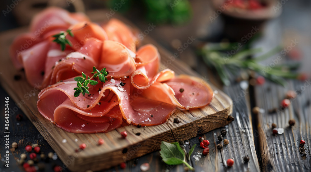 Wall mural two rolled slices of peppered ham, neatly arranged directly on a medium-light wooden board. the ham 