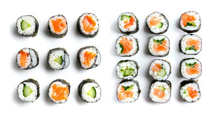 Sushi Rolls Set with Salmon, Shrimps, Cucumber and Philadelphia Cream Cheese Isolated on White