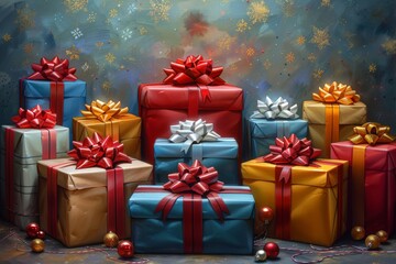 A vibrant, colorful stack of wrapped gift presents, each decorated with bright ribbons, epitomizes the festive and joyful spirit of giving and celebrations during special occasions.