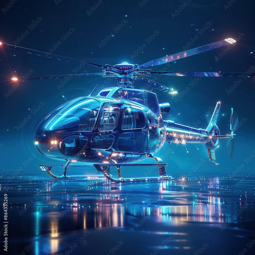 Poster futuristic glowing helicopter on a reflective surface with a background of sparkling lights, showcas