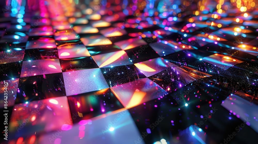 Poster colorful light reflections on a checkered surface creating a vibrant, abstract background with glowi