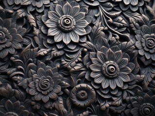 Ornate floral design, intricate pattern, black petals, decorative relief, baroque style textured surface