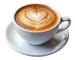 Cup of latte with heart latte art, featuring a beautifully crafted coffee design in a white ceramic cup, isolated on transparent background, png.