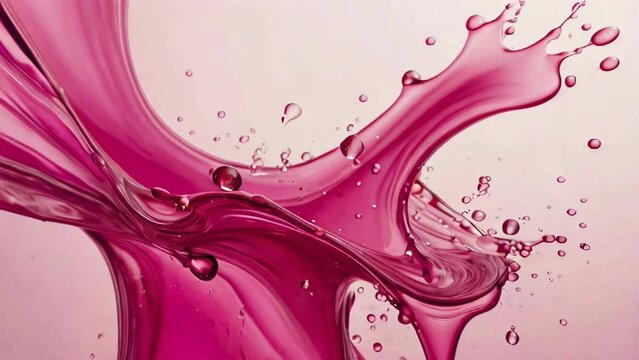 Pink liquid is flowing on pale pink background. Background shot for skincare cosmetics advertisement. AI generated