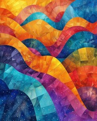 Fototapeta premium Colorful abstract art featuring a mosaic of geometric shapes and vibrant, flowing patterns in shades of blue, orange, red, and yellow.