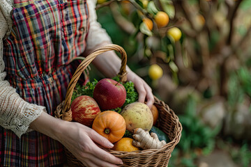 Fresh Harvest: Womans Hands Holding Basket of Veggies and Fruits in Garden Setting